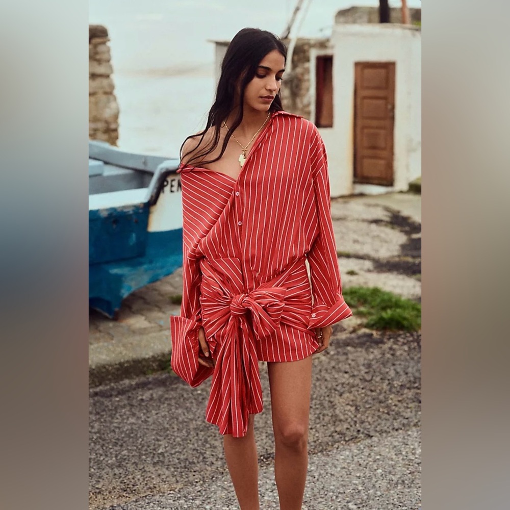 Bardot Red Striped Tie-Front Button-Up